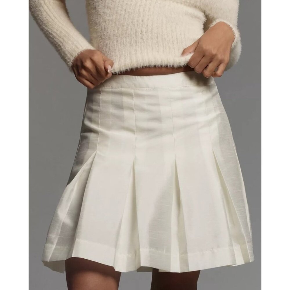 Anthropologie White Pleated Sz 10 Mini Skirt Flared Hem For Women - Picture 6 of 8